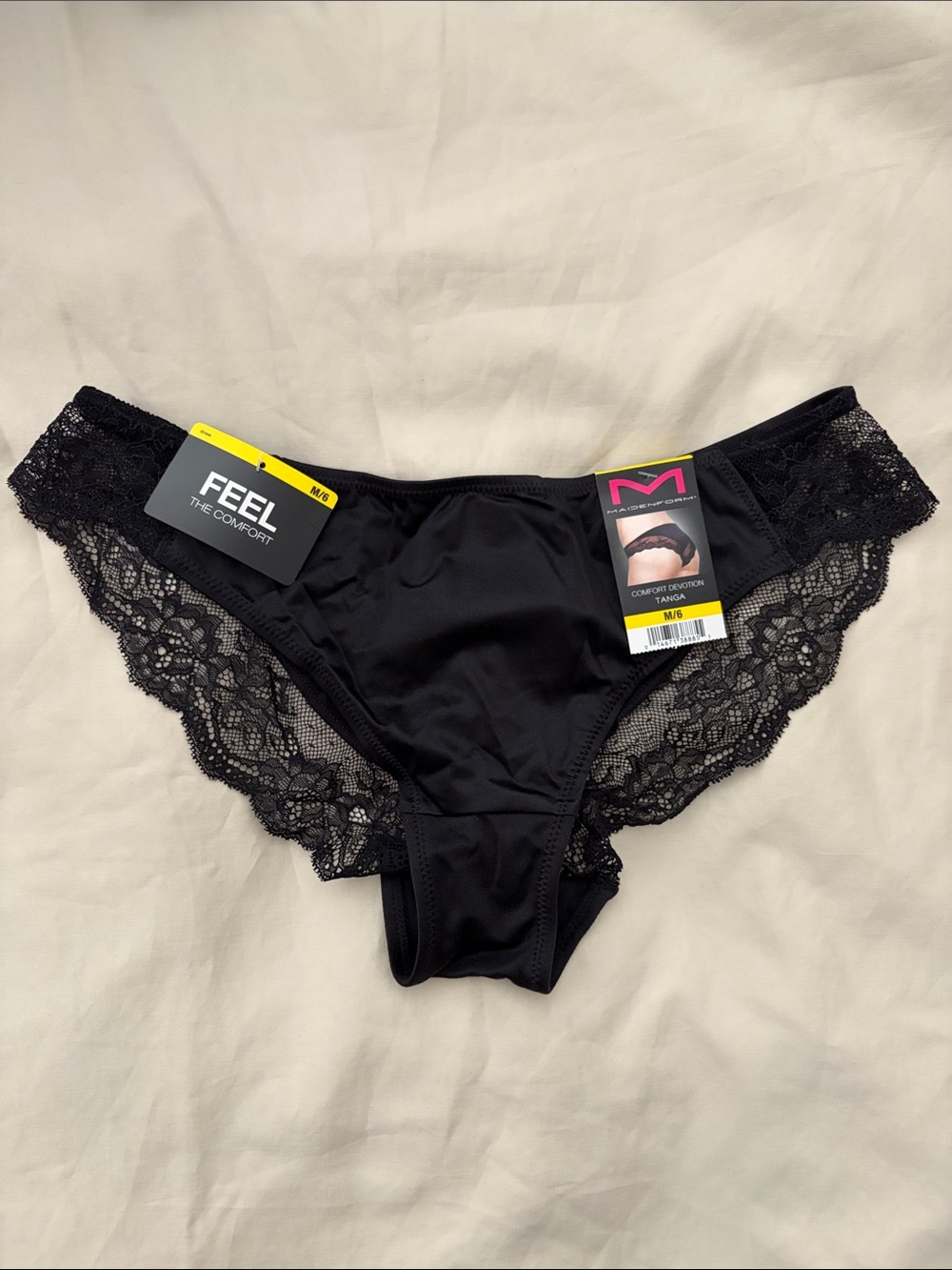 Maidenform Black Lace-Trim Tanga Bikini Panty Size Medium